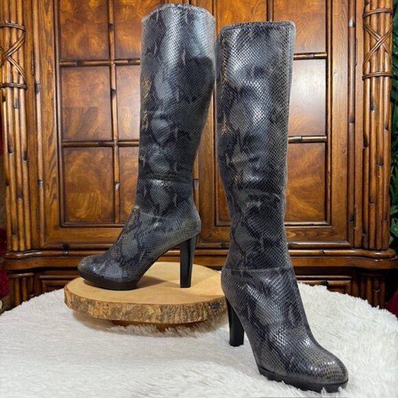Impo Smoky Taupe Ultra Python Suedy Stretch Textured Faux Leather Tall Boot - Picture 1 of 11